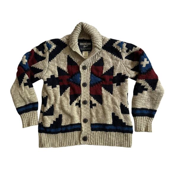 OshKosh Aztec Southwestern Button Up Cardigan Size 4/5 Beige Navy Red - Picture 1 of 3